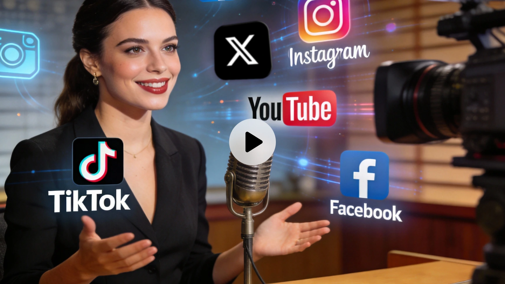 YouTuberが動画を撮影しており、TikTok・Instagram・Facebook・YouTubeのアイコンが表示されている